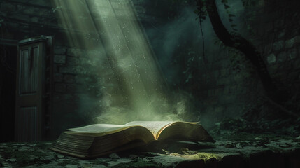 An open book radiating a soft glow its pages a portal to an unknown mystical world © JR-50