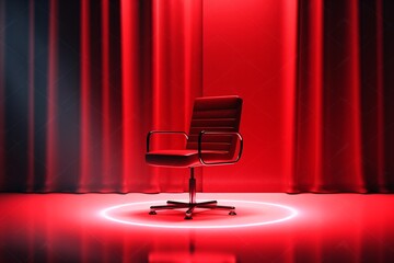 a chair in a red room with a red curtain