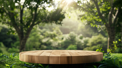 Tree Table wood Podium in farm display for food, perfume, and other products on nature background, 