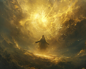 In the celestial realm a god stands radiant their golden aura casting a heavenly glow across the...