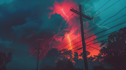 Lightning strikes a high voltage pole illuminating the night with a fierce electric glow