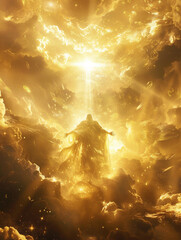 The heavens part as a deity descends wrapped in a golden glow embodying the purity and majesty of the divine