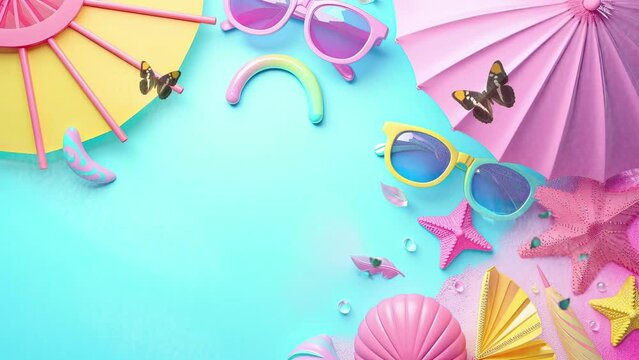 summer theme concept with glasses and umbrella background. Cartoon or anime watercolor digital painting illustration style. seamless looping 4k video animation background.