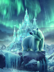 Under the aurora an ice castle with intricate icicles home to a polar bear wearing a crown of snowflakes