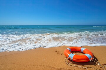 Fototapeta na wymiar Orange lifebuoy on sandy beach near sea, blue sky background