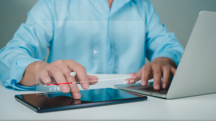 Fototapeta premium Business people are using computers to learning online with webinar, video tutorial, internet lessons, webinar, education online concept, video tutorial, education concept, technology education