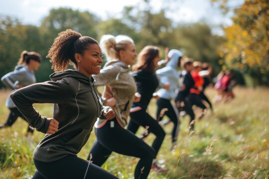 Outdoor Group Fitness Class in Nature. Diverse group of people participating in an outdoor martial arts fitness class in a natural setting. World Health concept.