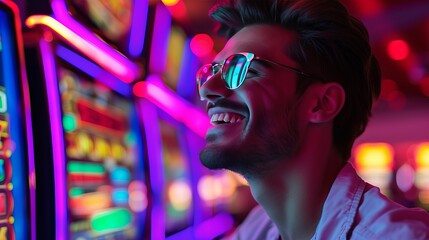 Thrilled gambler hitting the jackpot at casino slots, surrounded by cash and overflowing with joy