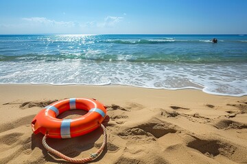 Obraz premium Lifebuoy on the beach with blue sky and sea in background