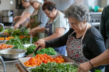 Elderly Woman Preparing Salad at Cooking Class. Senior Asian woman attentively preparing a fresh salad during a community cooking workshop. World Health concept.