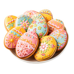 Fototapeta na wymiar Easter-themed cookies with pastel icing and floral decorations isolated on transparent background