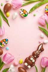 Easter joy unfolds! Overhead vertical shot captures playful chocolate bunny, colorful eggs, amidst...