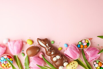 A joyful Easter celebration, this top-down shot showcases a chocolate bunny among vibrant pink tulips on a pastel backdrop, perfect for adding festive messages