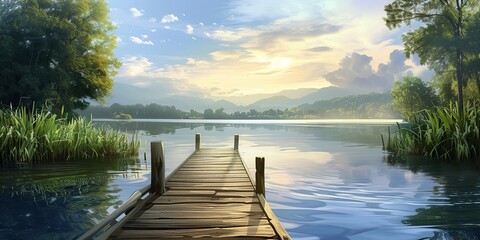 Idyllic lakeside serenity: Wooden jetty embraced by lush greenery under a tranquil sky.