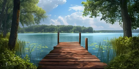 Deurstickers Nature's retreat: Wooden jetty embraced by lush greenery in an idyllic lakeside ambiance. © Irfanan