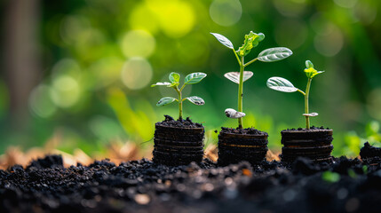 Growth Amidst Currency: Illustration of Plants Sprouting from Stacked Coins in Earth, Symbolizing the Intersection of Finance, Environment, and Sustainability