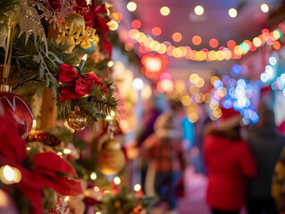 festive holiday raffle scene, decorations and lights reflecting the holiday spirit, people in seasonal attire, warm and cozy atmosphere, focus on the joy and anticipation of the crowd