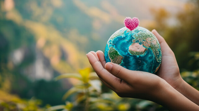 Caring Hands, Tiny Earth: Two Hands Tenderly Holding a Miniature Earth Against a Natural Backdrop with Floating Hearts, Signifying Environmental Care