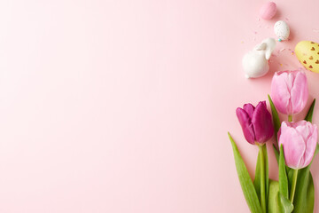 Easter's harmony: purple and pink tulips with festive eggs on a pastel pink background, a vertical...