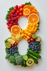 Naklejka na ściany i meble Vibrant number 8 made of colorful fruits and vegetables on clean white background