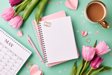 Mother's Day charm: Top view photo of pink tulips, notebook, cup of coffee, hearts and May's...