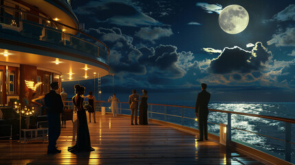 evening raffle event on a cruise ship deck, elegant lighting, ocean in the background, people dressed in formal attire, a sense of luxury and excitement, realistic water reflections, moonlight ambianc