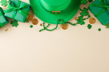 Feel the luck of the Irish this St. Patrick's Day. A top view snapshot highlights a leprechaun hat,...