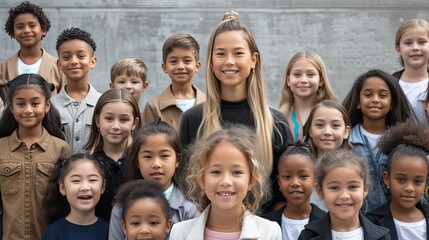 A group portrait of a teacher and her diverse class of elementary school students. - Generative AI