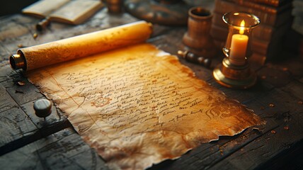 Old handwritten manuscript parchment ancient biblical prophets scroll and a lit candle Generative AI Illustration