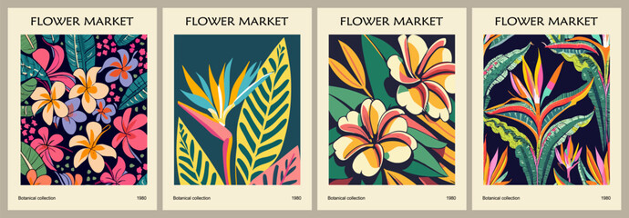 Set of abstract Flower Market posters. Trendy botanical wall arts with exotic flowers, hibiscus, plumeria, bird of paradise, strelitzia. Modern interior painting, decoration. Vector art illustration.