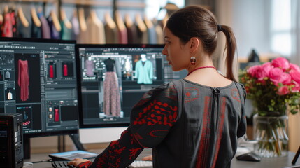 A female fashion designer attentively edits clothing patterns on a computer in a well-lit design studio.