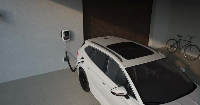 Home charging station provides an eco-friendly sustainable power supply for generic EV cars. Progressive concept for future green energy storage for electric vehicles. 3D animation
