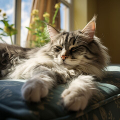 fluffy cat sleeps on the windowsill illuminated by the morning rays of the sun