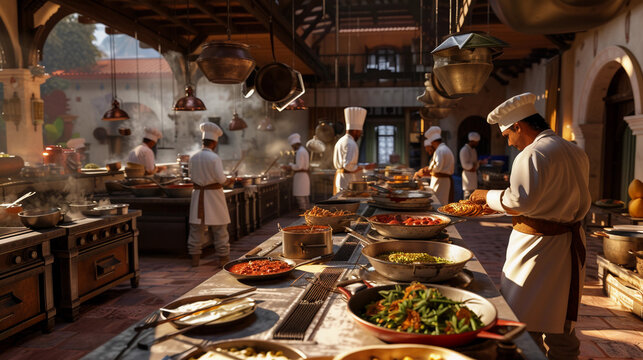 professional kitchen where chefs of various ethnicities are cooperating to prepare an elaborate banquet, showcasing the vibrant colors and textures of various gourmet dishes and the bustling atmospher