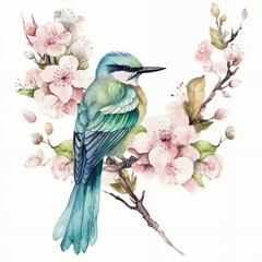 a bird sitting on a branch of a tree with pink flowers on it's branches and a watercolor painting of a bird on the branch, generative ai