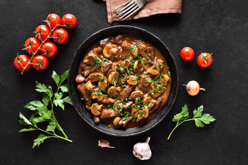 Tasty beef stroganoff with mushrooms