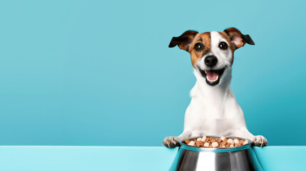 Hungry Jack Russell dog eating from food bowl isolated on blue background - obrazy, fototapety, plakaty