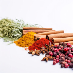 Composition of various spices on white background