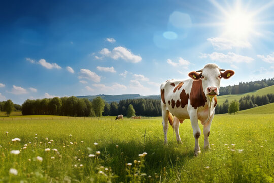 Cow in a meadow. Livestock animal, organic milk and green grass. Space for text.