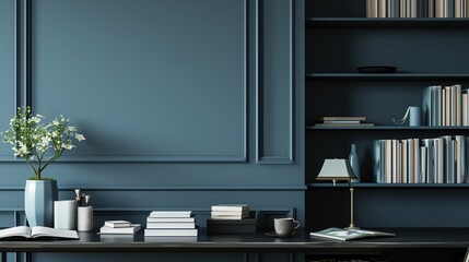 A chic and modern office desk with a curated selection of books and supplies, set against an indigo wall, providing a sophisticated space for showcasing text or products.