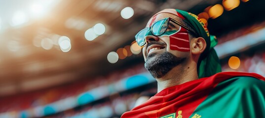 Passionate portugal fan with painted face celebrating at a vibrant stadium event