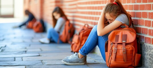 Distressed schoolgirl suffering from bullying at school, with space for text placement
