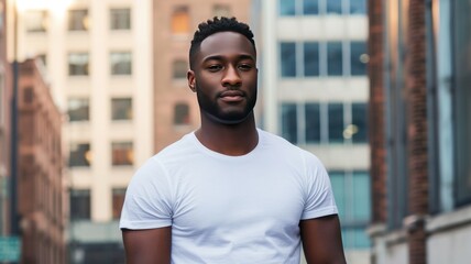 attractive black man with blank tshirt for mockup with city background - obrazy, fototapety, plakaty