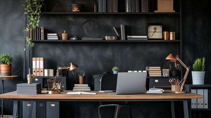 A contemporary workspace with a stylish desk, neatly organized with books and creative tools,...