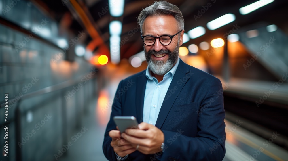 Poster smiling bearded man with backpack using smartphone while waiting for train at busy station platform