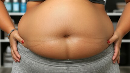 Close up view of overweight woman s fat body with belly fat pad, obesity concept - obrazy, fototapety, plakaty