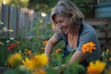 Joyful retired woman gardening in her backyard, surrounded by colorful flowers, focusing on the peaceful and fulfilling activity, natural sunlight casting a warm glow