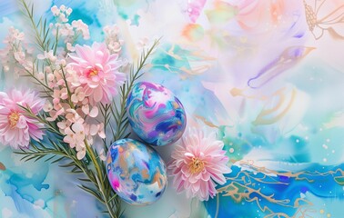 Watercolor illustration with Easter eggs and spring flowers. Background for Easter