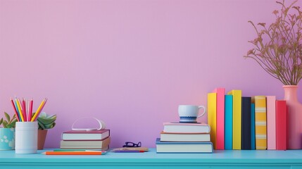 A minimalistic office table with a selection of books and stationary, set against a lavender wall,...