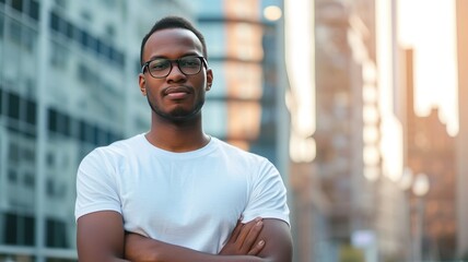 attractive black man with blank tshirt for mockup with city background - obrazy, fototapety, plakaty